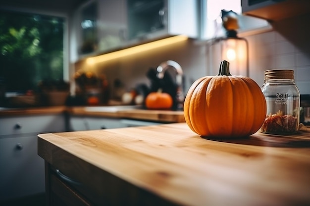 there is a pumpkin sitting on a kitchen counter next to a jar generative ai