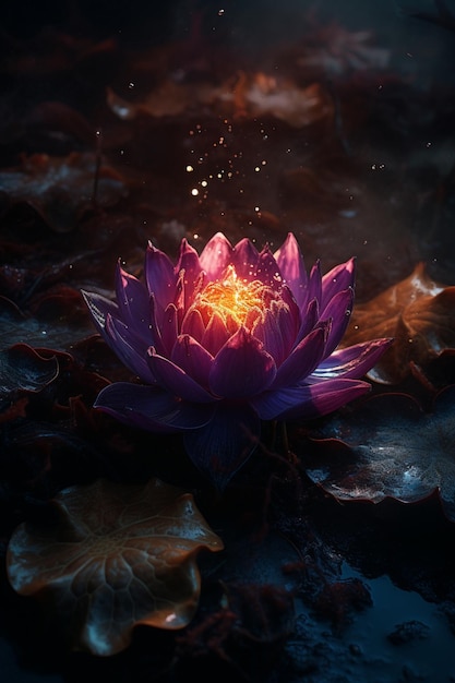 There is a purple flower floating on top of a pond generative ai