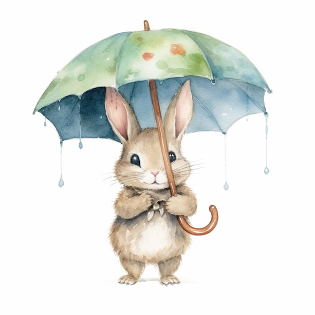 There is a rabbit holding an umbrella with a raindrops on it generative ai