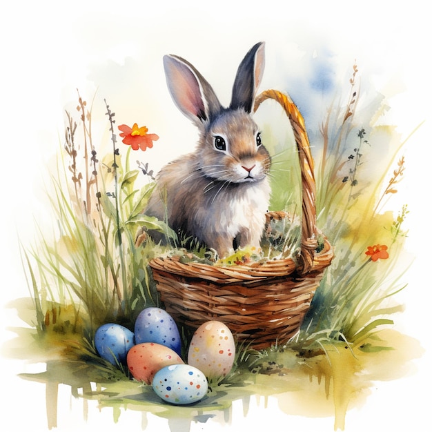 there is a rabbit sitting in a basket with eggs in it generative ai