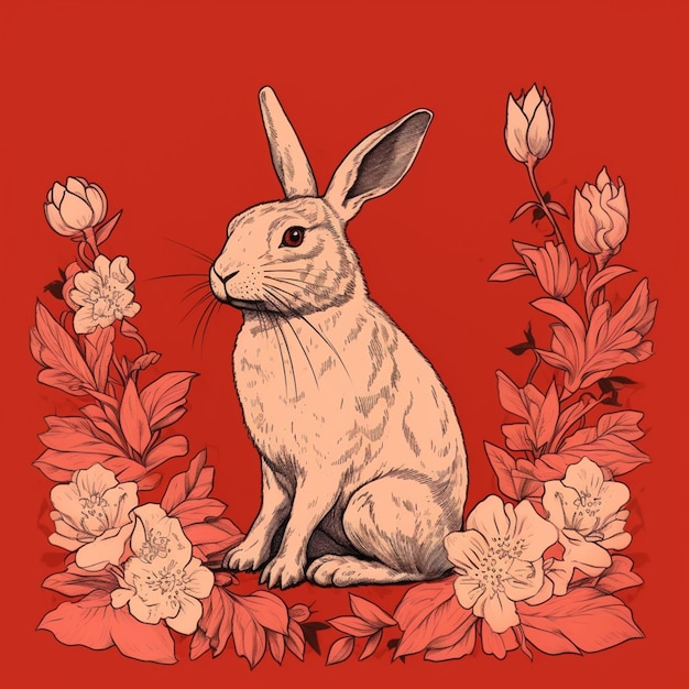 there is a rabbit sitting in a wreath of flowers on a red background generative ai