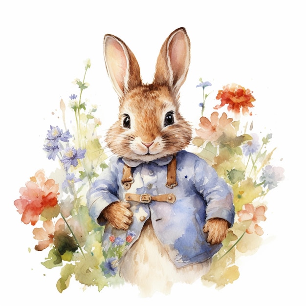 There is a rabbit that is wearing a blue jacket and a bow tie generative ai