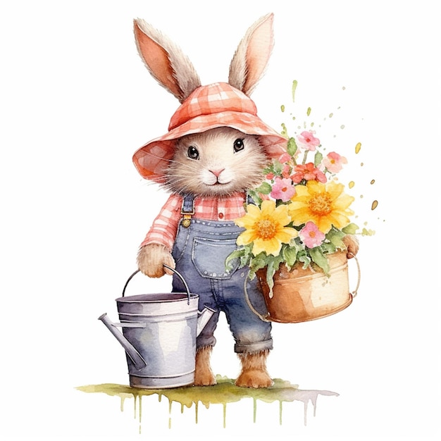 There is a rabbit with a bucket of flowers and a bucket of flowers generative ai