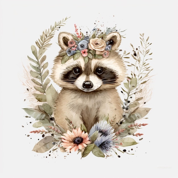 There is a raccoon with a flower crown on its head generative ai