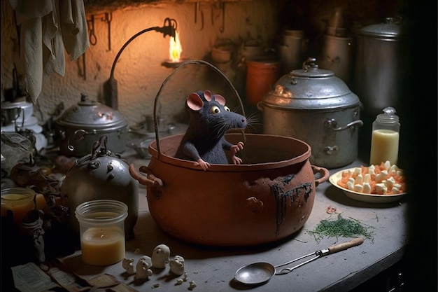 There is a rat that is sitting in a pot on a table generative ai