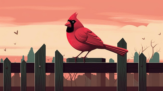 There is a red bird sitting on a fence with a pink sky in the background generative ai