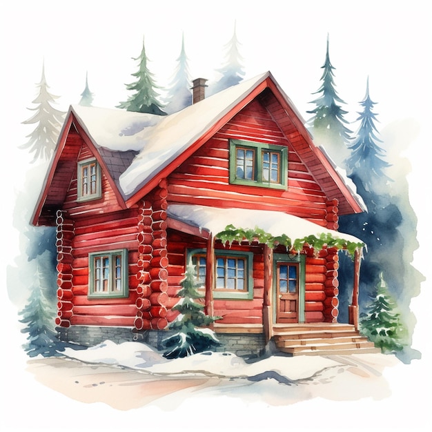 there is a red cabin with a snow covered roof and a tree generative ai