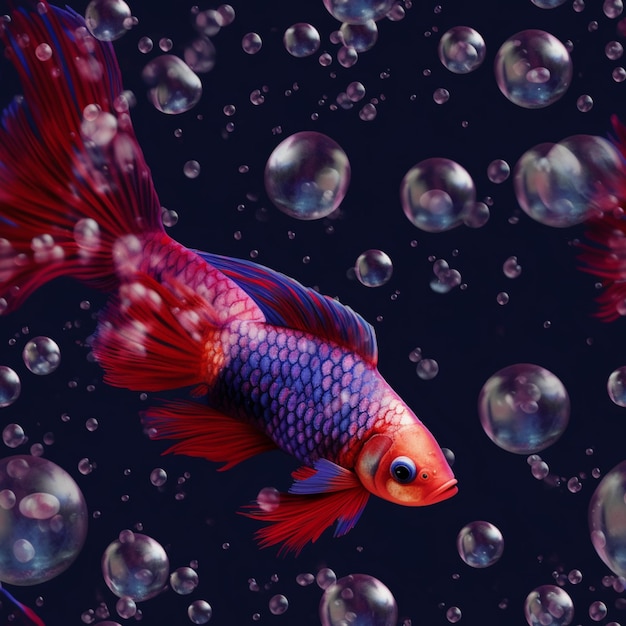 There is a red fish with blue and purple fins swimming in a pool of water generative ai