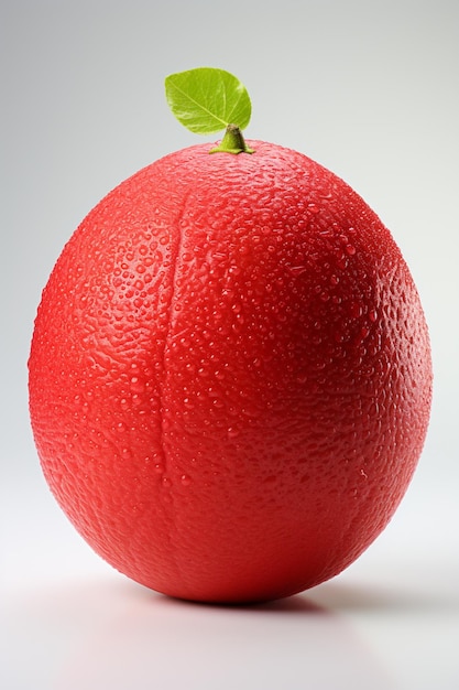 there is a red grapefruit with a green leaf on top generative ai