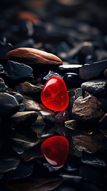 There is a red heart shaped object on a pile of rocks generative ai