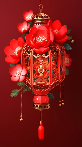 There is a red lantern with flowers and a gold chinese symbol generative ai