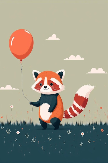 there is a red panda holding a red balloon in a field generative ai