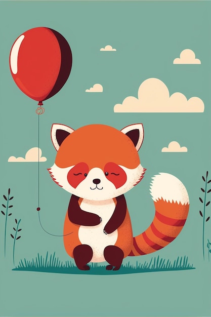 there is a red panda holding a red balloon in the grass generative ai