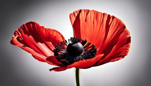 Photo there is a red poppy flower with a black center and a white background