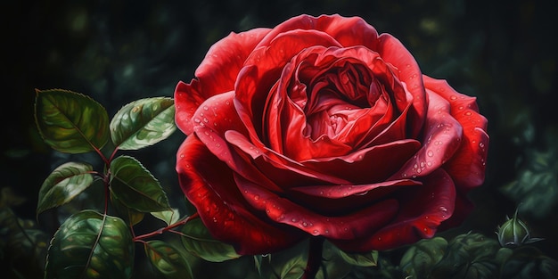 There is a red rose with water droplets on it generative ai