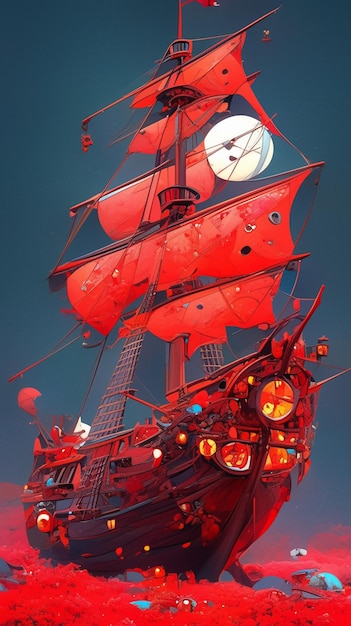 There is a red ship with a clock on it floating in the water generative ai