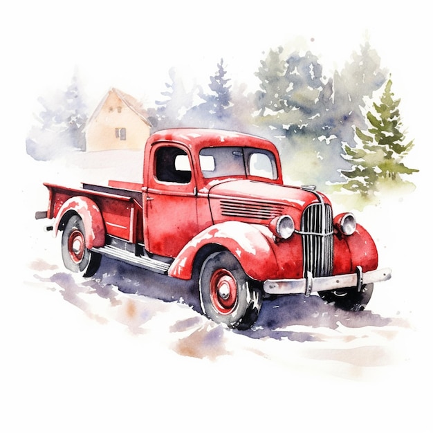 There is a red truck that is parked in the snow generative ai