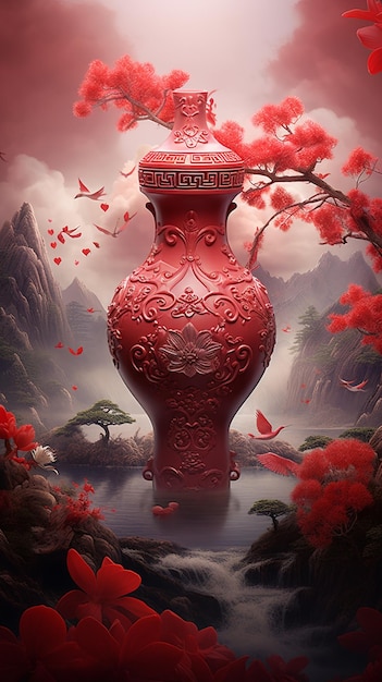 There is a red vase with a bird on it in a painting generative ai