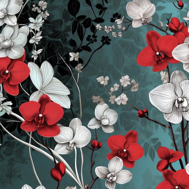 There is a red and white flower pattern on a blue background generative ai