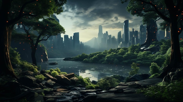 There is a river running through a forest with a city in the background generative ai