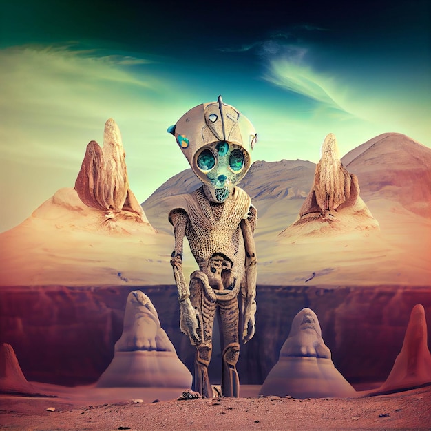 There is a robot standing in the desert with a helmet on generative ai