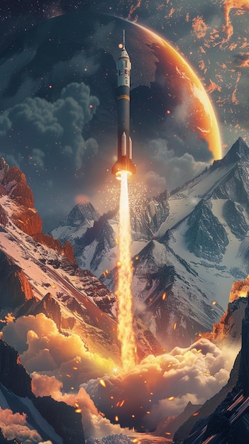 there is a rocket flying through the sky with a mountain in the background generative ai