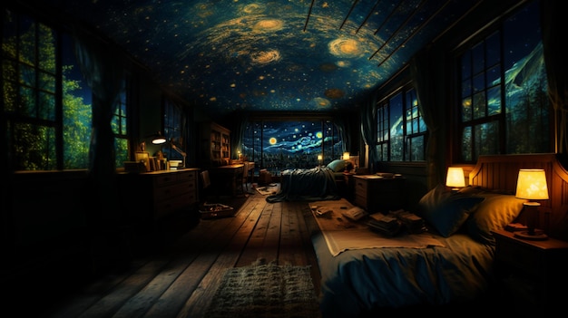 there is a room with a bed and a night sky mural generative ai