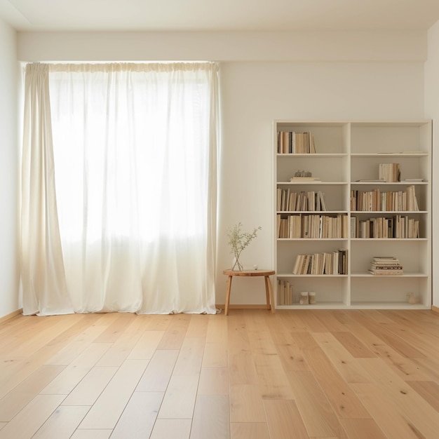 There is a room with a book shelf and a chair in it generative ai