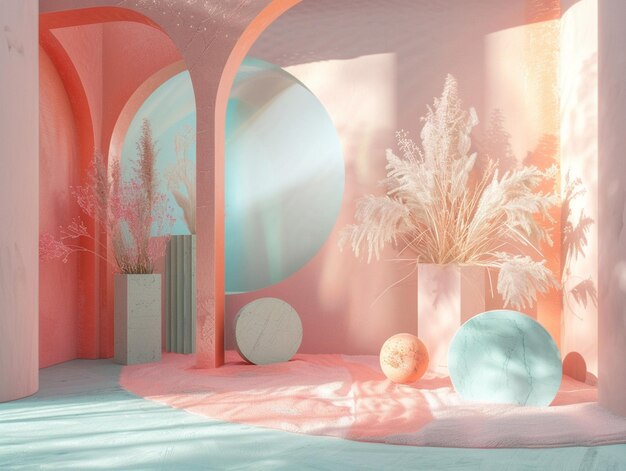 there is a room with a pink wall and a blue vase with plants generative ai