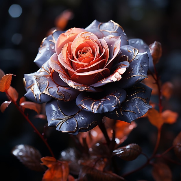 there is a rose that is sitting on a bush with leaves generative ai