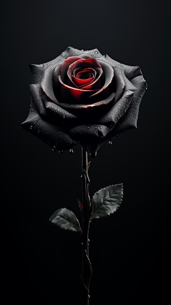 There is a rose that is sitting on a stem with water droplets generative ai