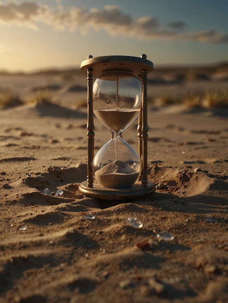 Photo there is a sand clock with a broken glass on the ground generative ai