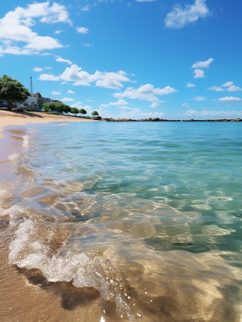 there is a sandy beach with a lighthouse in the distance generative ai