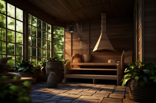 there is a sauna with a bench and potted plants in the corner generative ai