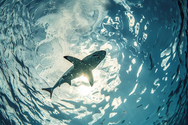 Photo there is a shark swimming in the ocean with the sun shining through the water generative ai