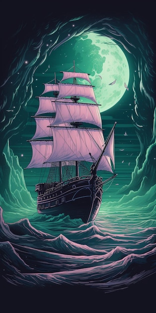 There is a ship sailing in the ocean at night with a full moon generative ai