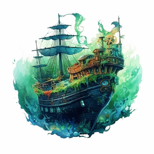 There is a ship with a green roof and a lot of water generative ai