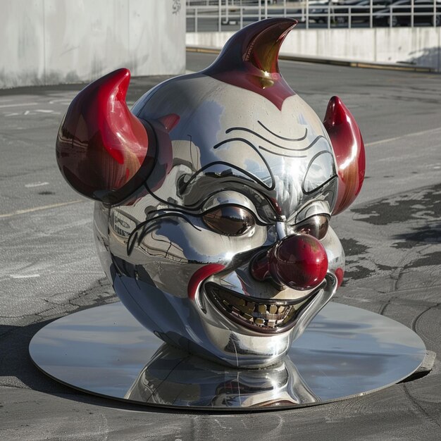 Photo there is a silver and red clown head sculpture on a metal plate generative ai