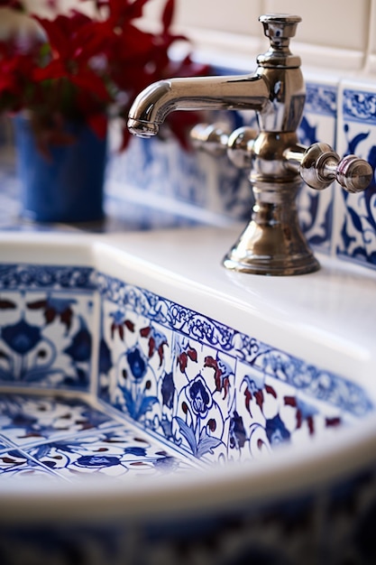 there is a sink with a blue and white design on it generative ai