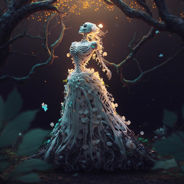 There is a skeleton in a dress that is standing in the woods generative ai