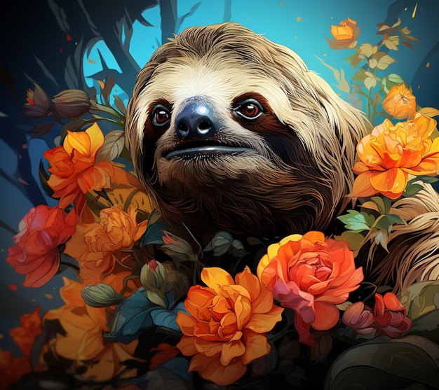 There is a sloth that is surrounded by flowers and leaves generative ai