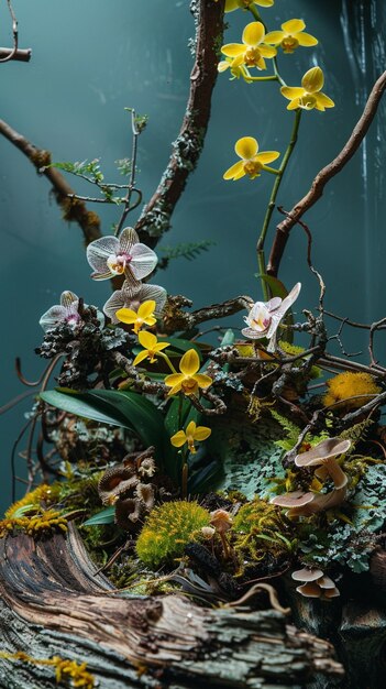 there is a small arrangement of flowers on a tree stump generative ai