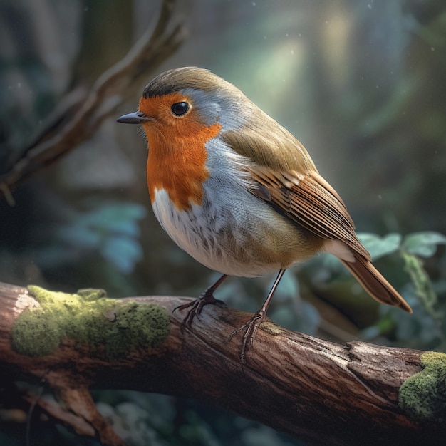 there is a small bird sitting on a branch in the forest generative ai