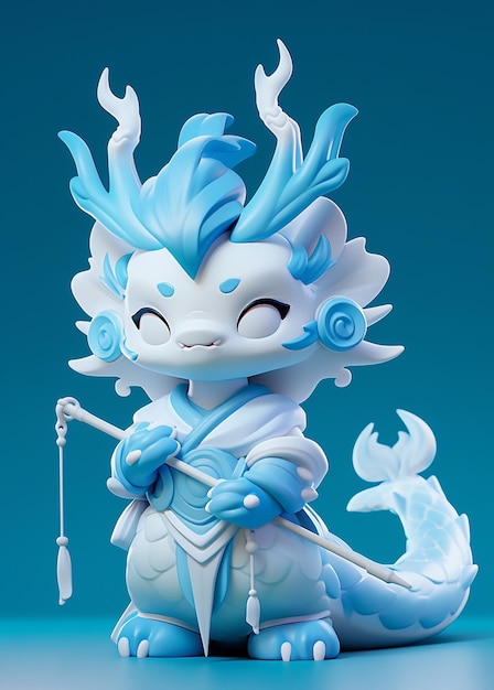 there is a small blue and white dragon statue on a blue surface generative ai