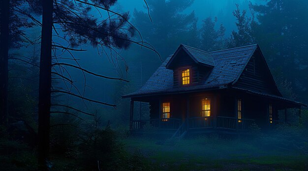 there is a small cabin in the woods at night generative ai