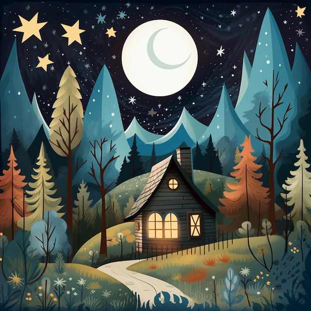 There is a small cabin in the woods with a full moon generative ai