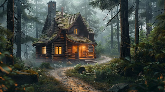 there is a small cabin in the woods with a light on generative ai