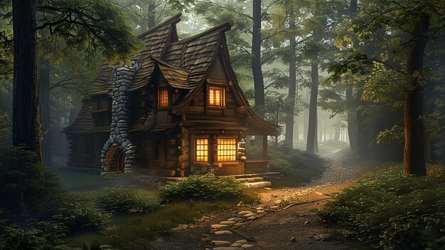 there is a small cabin in the woods with a pathway generative ai