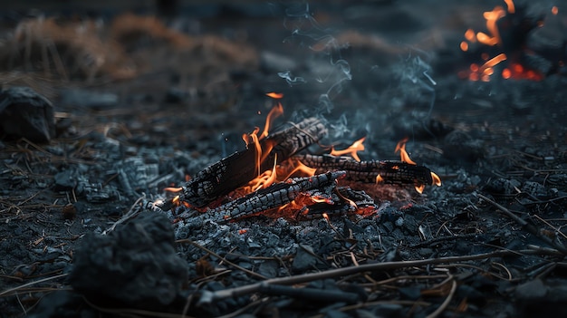 There is a small campfire burning in the middle of the forest The fire is surrounded by a pile of burnt wood and ashes