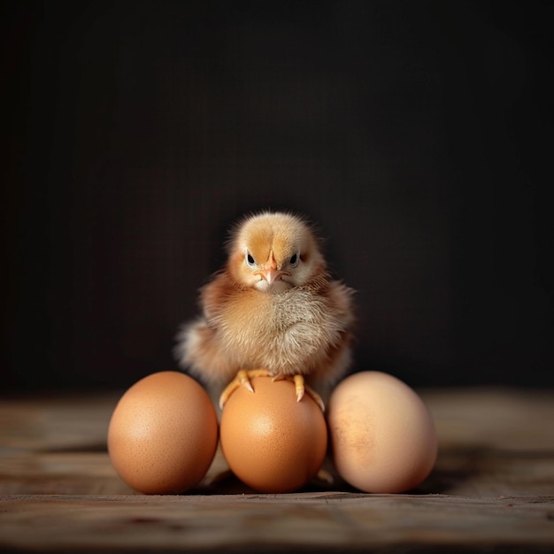 Photo there is a small chicken sitting on top of three eggs generative ai